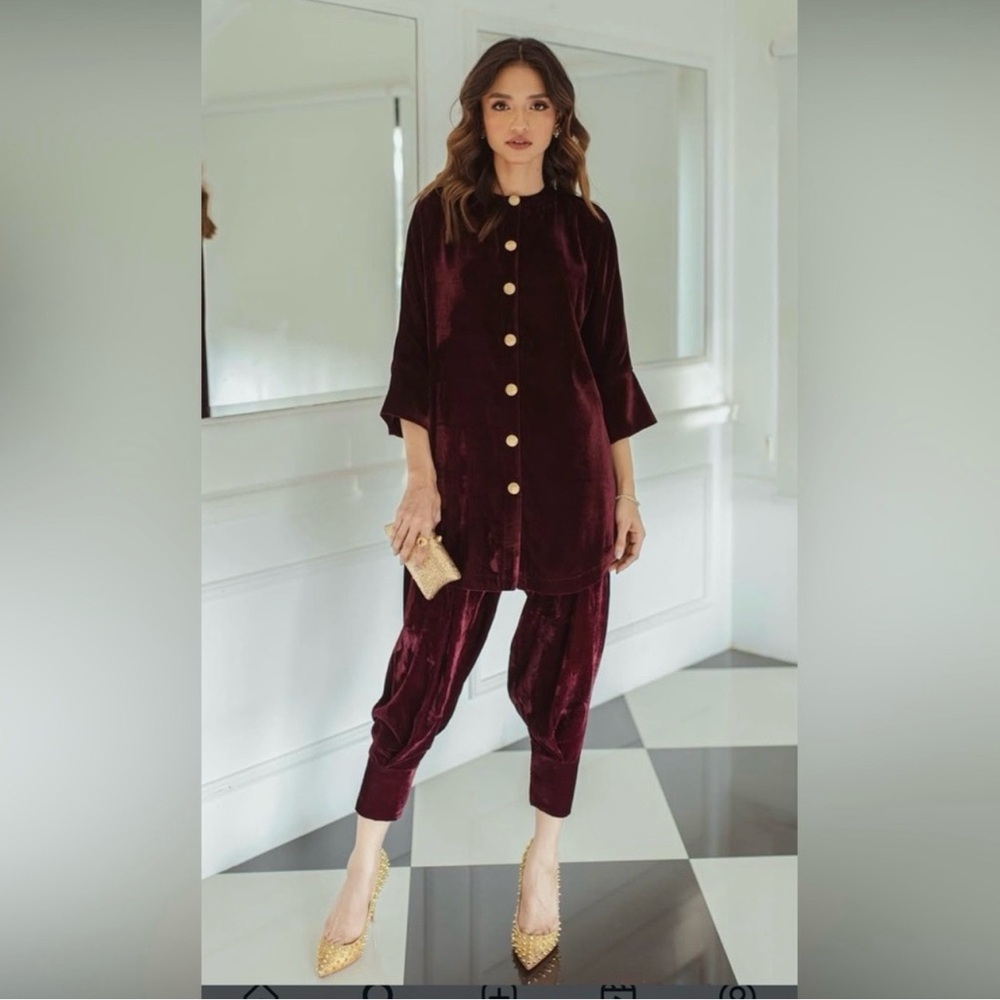 Velvet Button-Front Tunic & Tapered Pants Set - Nia Mia